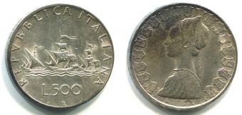 Италия 500 Лир 1958 год Парусник