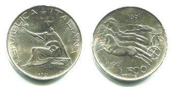 Италия 500 Лир 1961 год Колесница