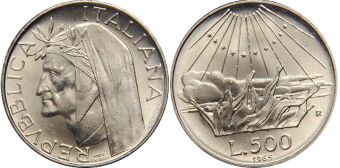 Италия 500 Лир 1965 год Данте